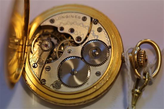 An engraved 18k gold Longines hunter keyless dress pocket watch, hung from a three colour mesh gold suspension strap,